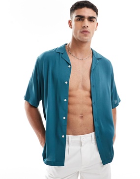 ASOS DESIGN relaxed fit viscose shirt with revere collar in dark teal