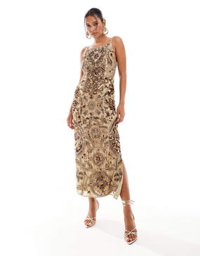 ASOS DESIGN square neck tile embellished midi dress with open back in gold