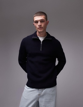 ARKET wool blend chunky ribbed sweater with half zip funnel neck in blue