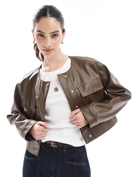 ASOS DESIGN cropped collarless leather look jacket in chocolate