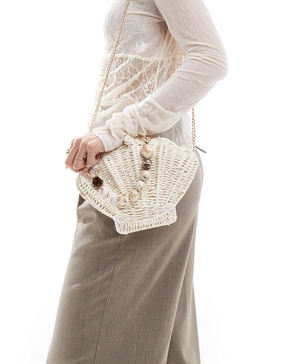 ASOS DESIGN straw shell bag with resin handle and detachable cross body strap