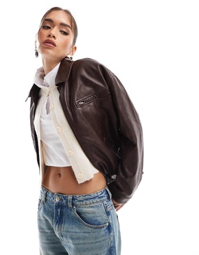 ASOS DESIGN leather look top collar jacket in burgundy