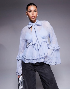 ASOS LUXE pearl embellished chiffon exaggerated blouse in blue