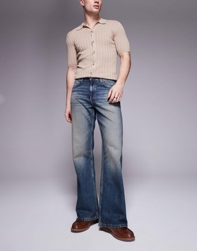 ASOS DESIGN wide flare jeans with tint in mid wash blue