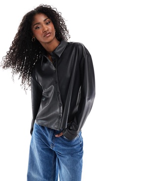ASOS DESIGN spliced volume leather look shirt in black