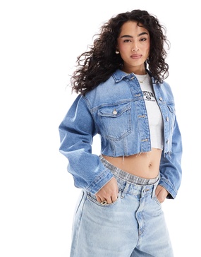 Bershka cropped denim jacket in mid blue