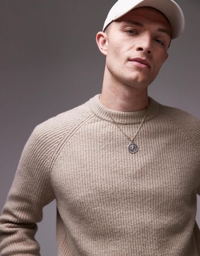 ARKET textured knitted rib sweater with raglan sleeves in beige