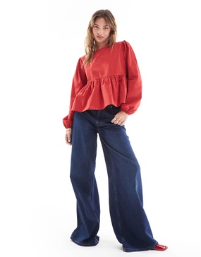 ASOS DESIGN poplin tie side smock blouse in red