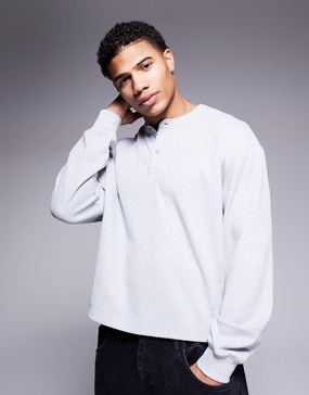 ASOS DESIGN oversized boxy waffle long sleeve T-shirt with henley neck in charcoal