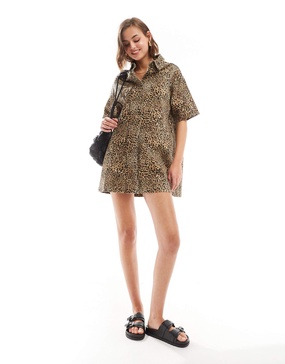 ASOS DESIGN denim short sleeve shirt dress in leopard print