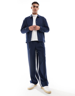 ASOS DESIGN smart wide leg pants in navy with white side stripe - part of a set