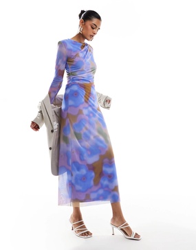 & Other Stories sheer mesh midi dress in blurred abstract print