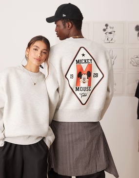 ASOS DESIGN Disney unisex boxy oversized scuba sweatshirt with Mickey Mouse prints in gray heather