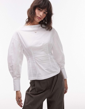 Topshop poplin barrel sleeve cinch top in white
