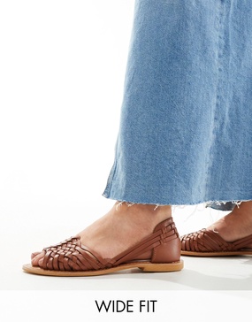 ASOS DESIGN Wide Fit Francis leather woven flat sandals in tan