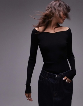 ARKET compact slinky compact knit top with off shoulder sweetheart neckline in black