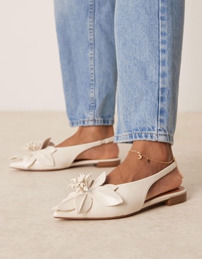 ASOS DESIGN Livia point-toe flower slingback ballets in off-white