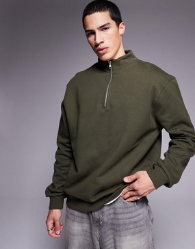 ASOS DESIGN premium heavyweight boxy oversized quarter zip sweatshirt 400gsm in khaki