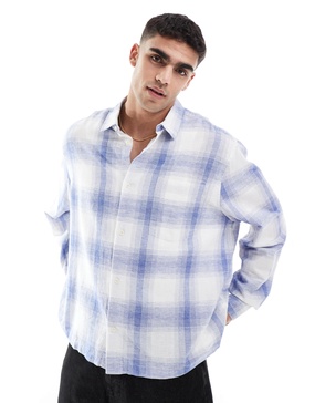 ASOS DESIGN boxy linen blend regular shirt with patch pocket in blue and white