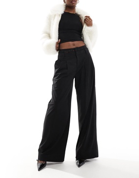 Bershka lace waistband wide leg tailored pants in black