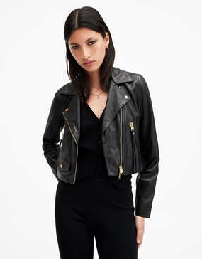 AllSaints Elora cropped leather moto jacket in black