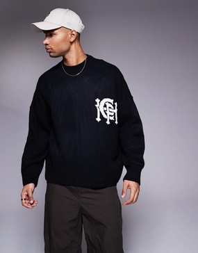 ASOS DESIGN super oversized boxy fit knitted crew neck sweater with city text pattern in navy