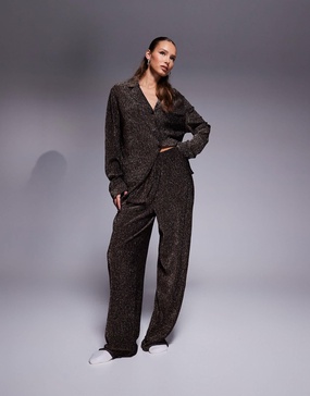 ASOS DESIGN glitter shirt and pants lounge set in bronze