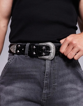 ASOS DESIGN western stud and diamante trophy belt in faux croc leather