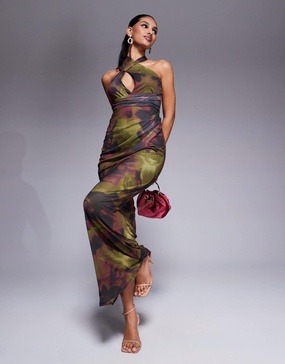 ASOS DESIGN halter cross front maxi dress in dark green & pink floral