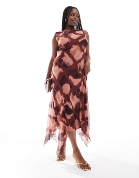 ASOS DESIGN Curve sleeveless midaxi dress with flare panels in blurred burgundy check