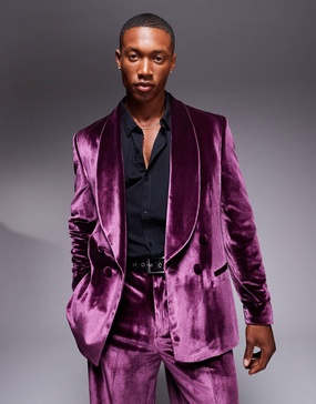 ASOS DESIGN double breasted regular suit jacket in burgundy velvet