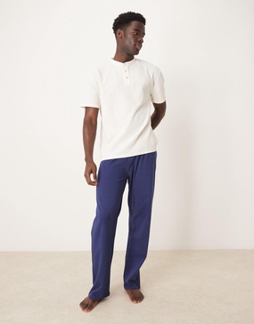 ASOS DESIGN henley waffle pajama set in navy and white