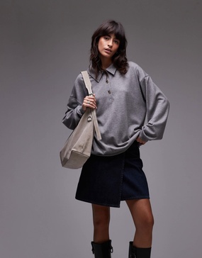 Topshop premium rib polo top in gray