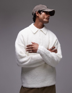 Topman oversized fit boucle polo in cream