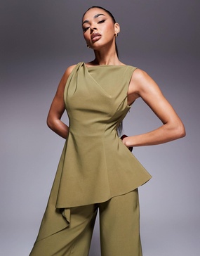 ASOS DESIGN twist shoulder draped jumpsuit in olive