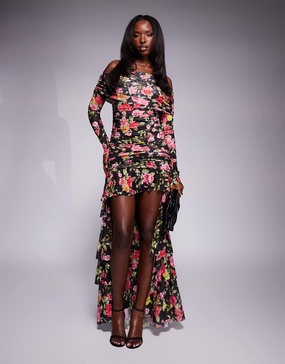 AFRM Kellie off the shoulder maxi dress with train detail in wallpaper rose print