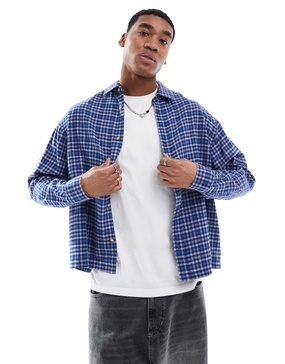 ASOS DESIGN boxy oversized long sleeve shirt in blue dad check