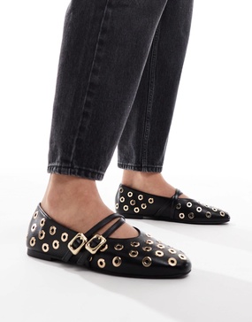ASOS DESIGN Landon double strap mary jane ballet flats in black with studs