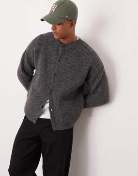 ASOS DESIGN relaxed boxy fit heavyweight knitted wool mix crew neck cardigan in gray
