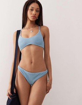 Weekday Ava crinkle brazilian bikini bottom in blue exclusive to ASOS