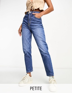 Bershka Petite comfort fit mom jeans in mid blue