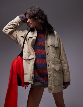 Topshop denim barn jacket with cord collar in beige