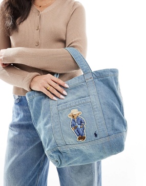 Polo Ralph Lauren bear denim tote bag in washed blue