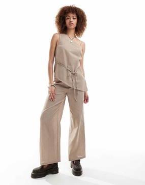 Reclaimed Vintage tunic top with cross over ties in linen look beige pinstripe - part of a set