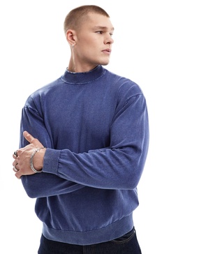 Another Influence heavy acid wash high neck sweater in navy
