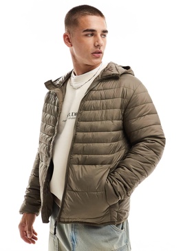 Jack & Jones packable padded jacket with hood in brown