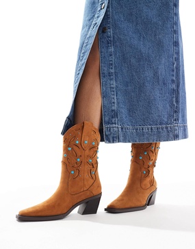 ASOS DESIGN Roan western heeled boots with stones in tan