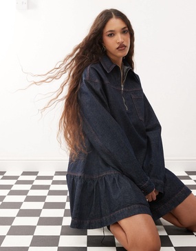 COLLUSION denim mini smock dress in indigo