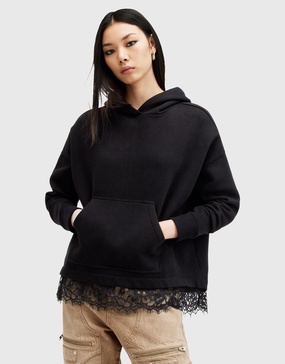 AllSaints Lee lace paneled oversized hoodie in black