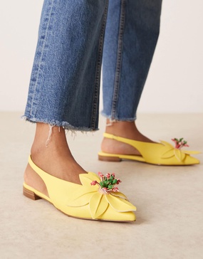 ASOS DESIGN Livia point-toe flower slingback ballets in bright yellow